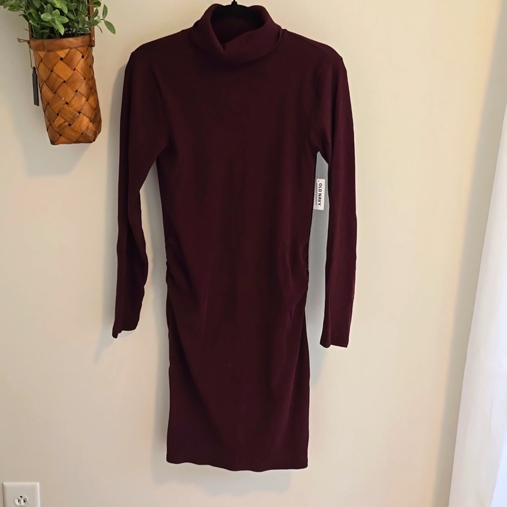 Maternity, Old Navy, Medium, Bodycon Deep Burgundy Ribbed Turtleneck Dress